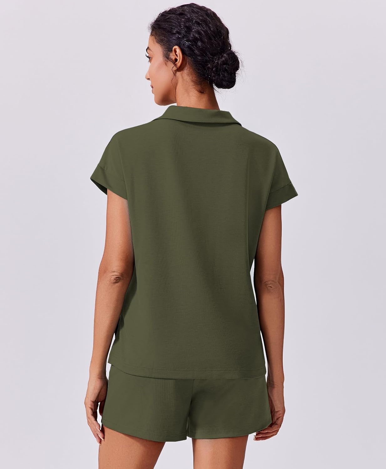 image:imagePINSPARK 2 Piece Sets for Women Summer Lounge Sets Short Sleeve Sweatsuit Vneck Tops and Drawstring Shorts Outfits TracksuitArmy Green