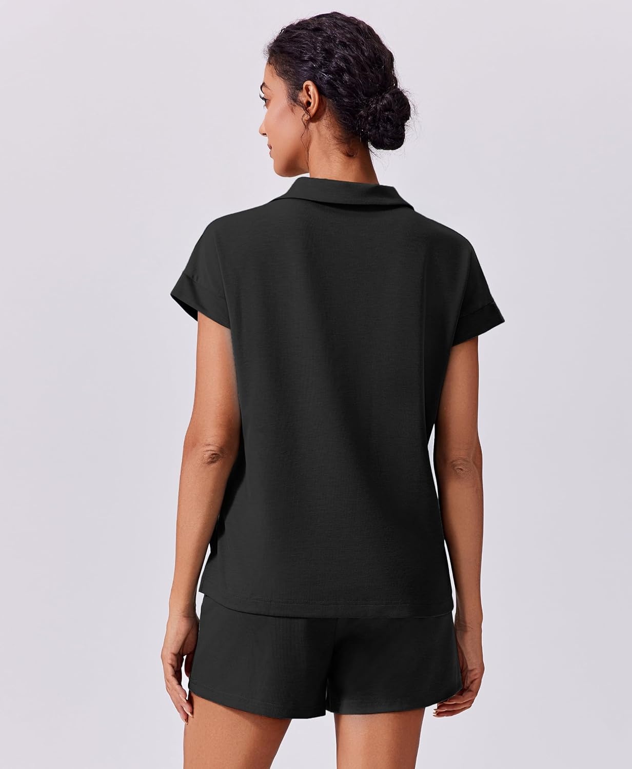 image:imagePINSPARK 2 Piece Sets for Women Summer Lounge Sets Short Sleeve Sweatsuit Vneck Tops and Drawstring Shorts Outfits TracksuitBlack