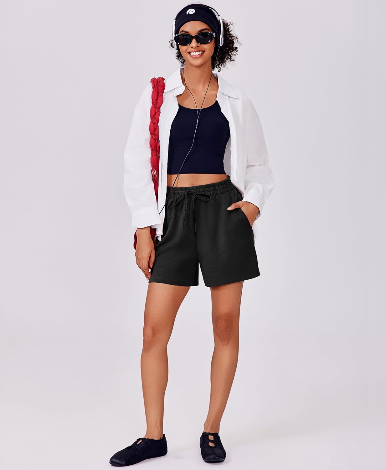 image:imagePINSPARK 2 Piece Sets for Women Summer Lounge Sets Short Sleeve Sweatsuit Vneck Tops and Drawstring Shorts Outfits TracksuitBlack