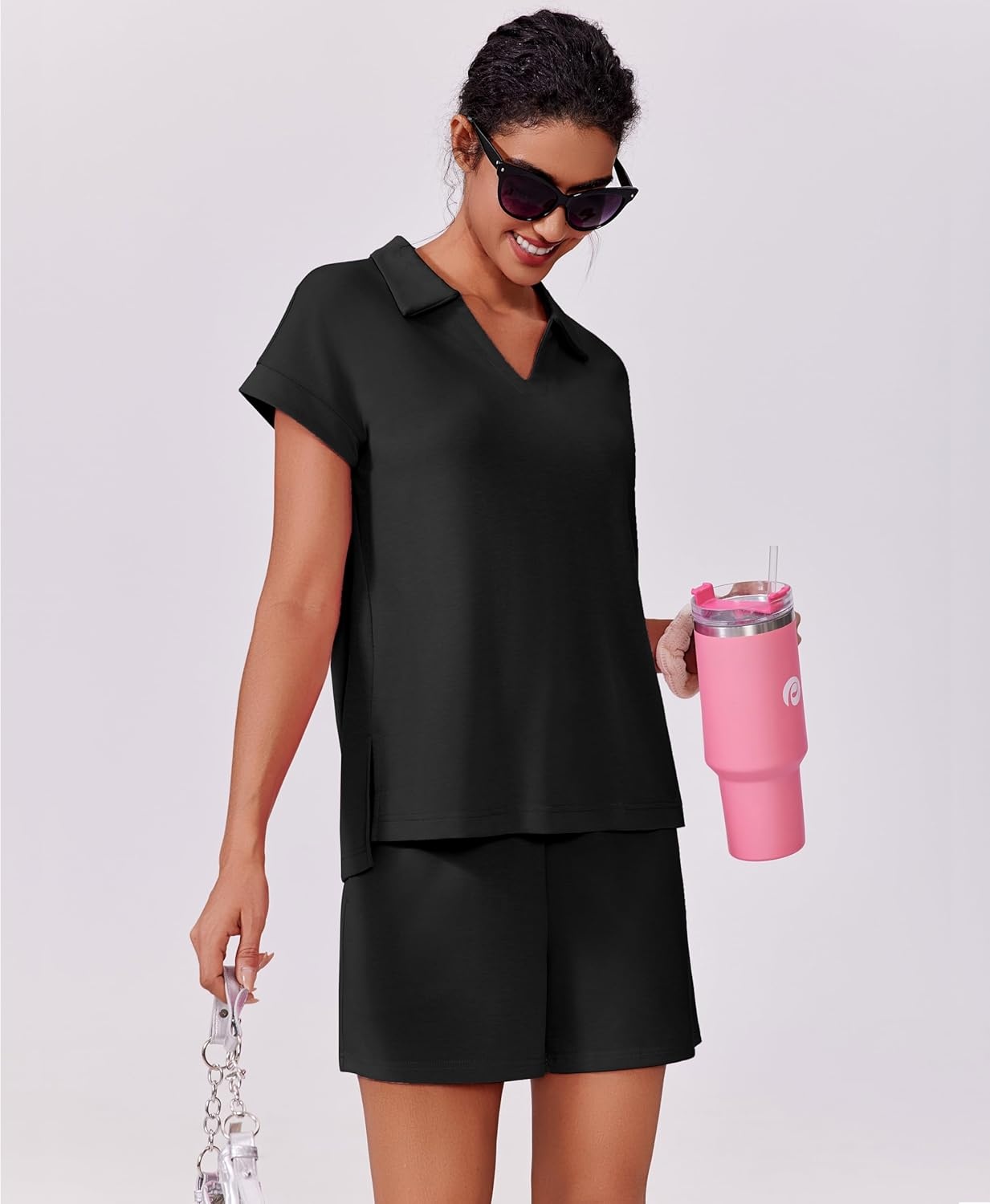 image:imagePINSPARK 2 Piece Sets for Women Summer Lounge Sets Short Sleeve Sweatsuit Vneck Tops and Drawstring Shorts Outfits TracksuitBlack
