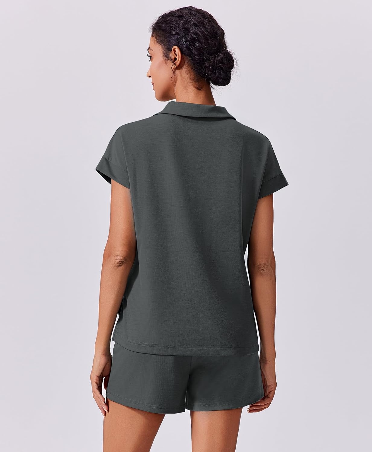 image:imagePINSPARK 2 Piece Sets for Women Summer Lounge Sets Short Sleeve Sweatsuit Vneck Tops and Drawstring Shorts Outfits TracksuitDark Grey