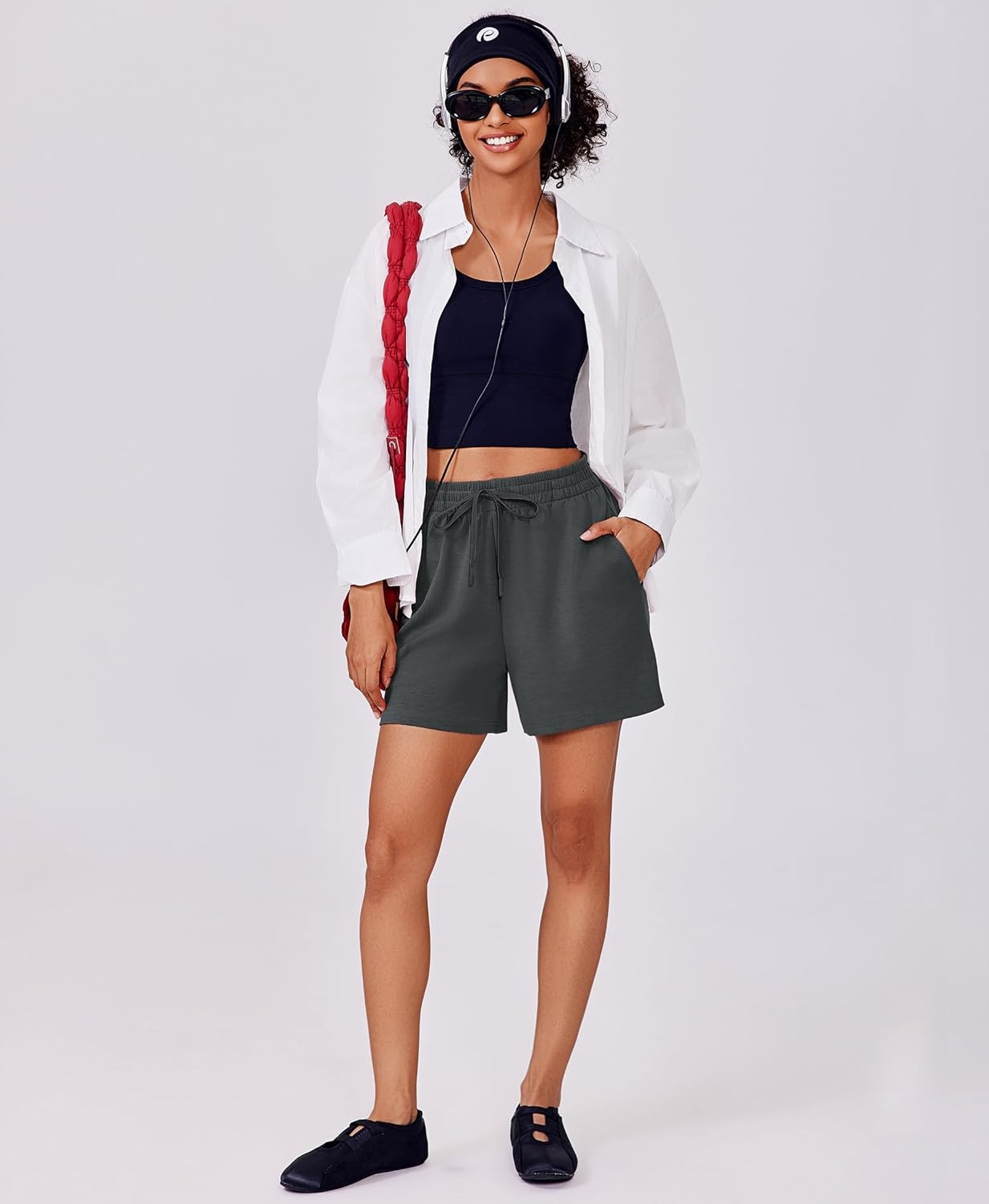 image:imagePINSPARK 2 Piece Sets for Women Summer Lounge Sets Short Sleeve Sweatsuit Vneck Tops and Drawstring Shorts Outfits TracksuitDark Grey