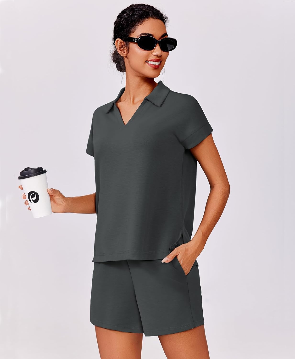 image:imagePINSPARK 2 Piece Sets for Women Summer Lounge Sets Short Sleeve Sweatsuit Vneck Tops and Drawstring Shorts Outfits TracksuitDark Grey