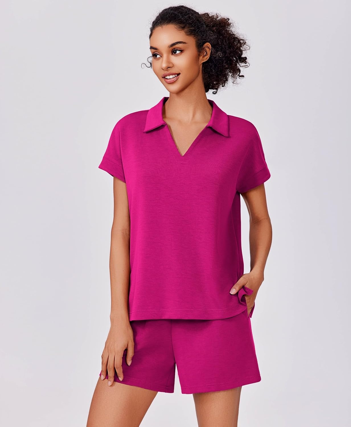 image:imagePINSPARK 2 Piece Sets for Women Summer Lounge Sets Short Sleeve Sweatsuit Vneck Tops and Drawstring Shorts Outfits TracksuitHot Pink