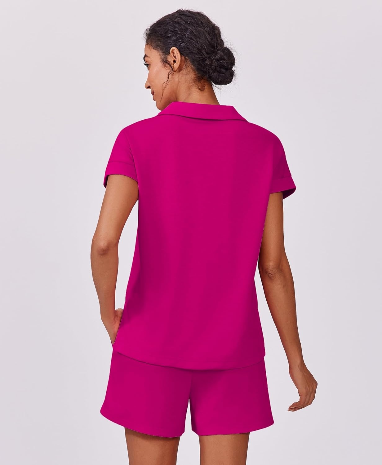 image:imagePINSPARK 2 Piece Sets for Women Summer Lounge Sets Short Sleeve Sweatsuit Vneck Tops and Drawstring Shorts Outfits TracksuitHot Pink
