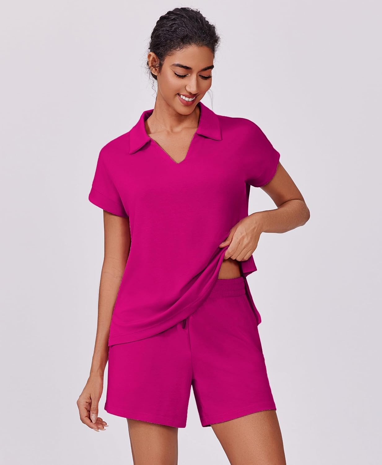 image:imagePINSPARK 2 Piece Sets for Women Summer Lounge Sets Short Sleeve Sweatsuit Vneck Tops and Drawstring Shorts Outfits TracksuitHot Pink