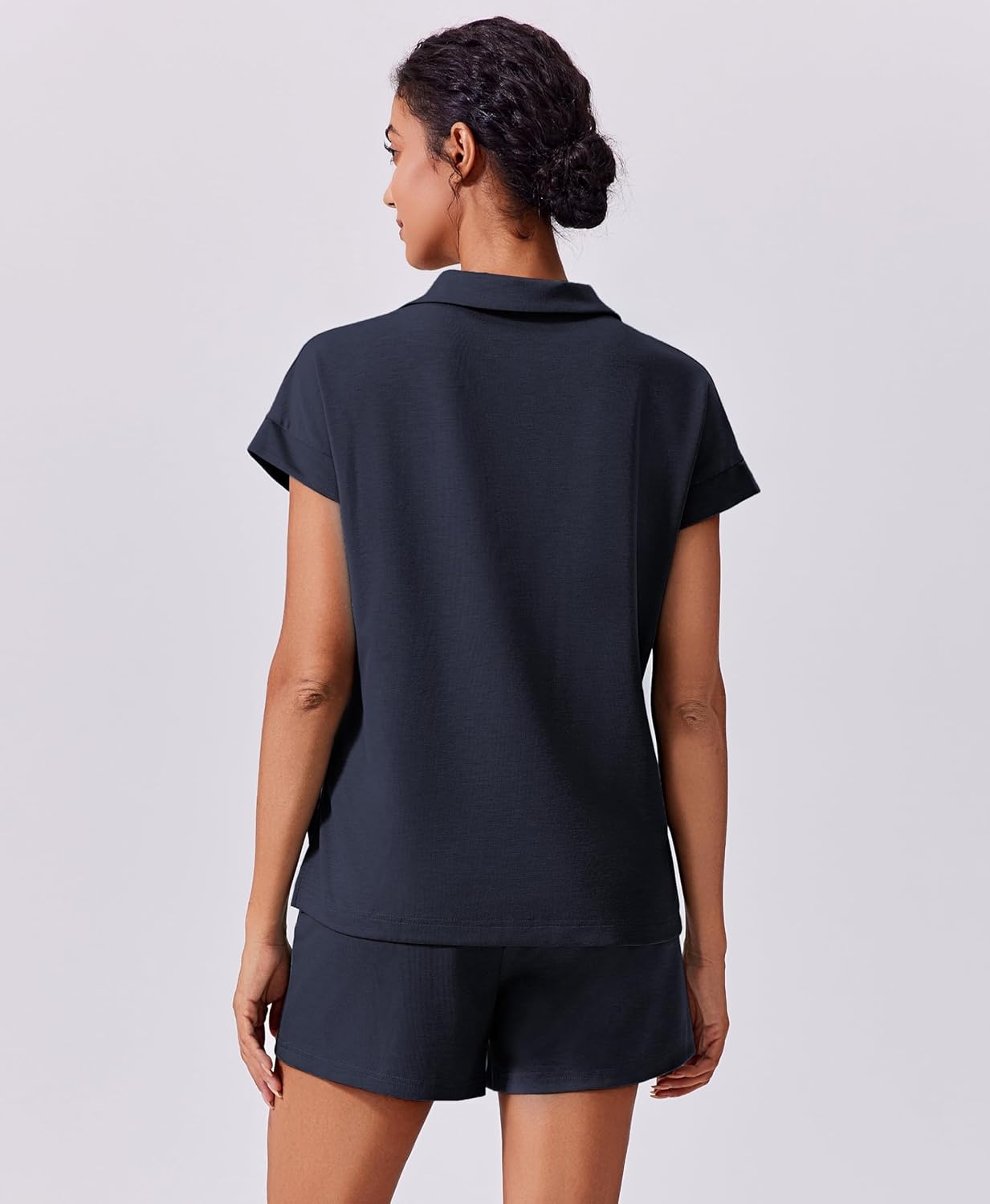 image:imagePINSPARK 2 Piece Sets for Women Summer Lounge Sets Short Sleeve Sweatsuit Vneck Tops and Drawstring Shorts Outfits TracksuitNavy Blue