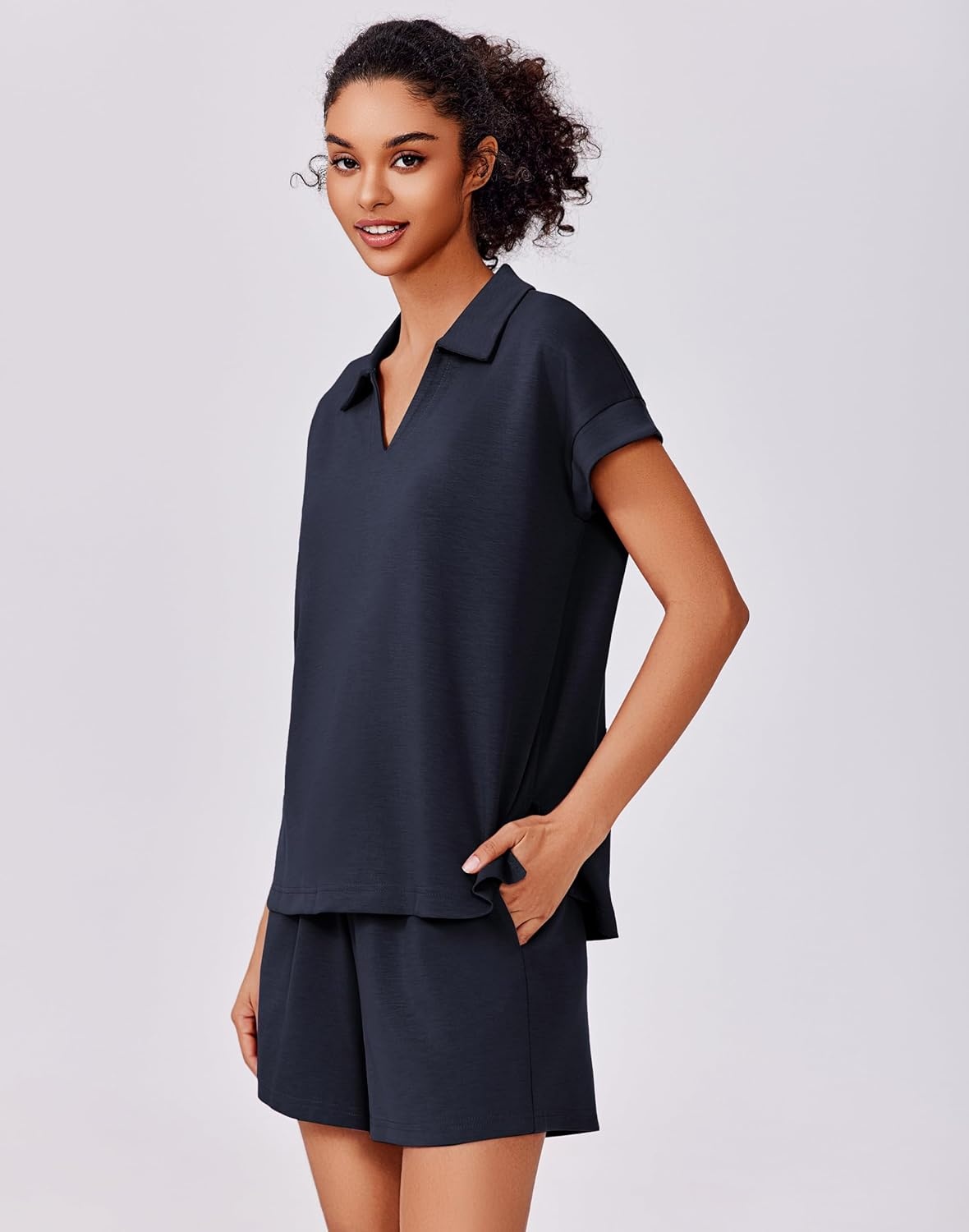 image:imagePINSPARK 2 Piece Sets for Women Summer Lounge Sets Short Sleeve Sweatsuit Vneck Tops and Drawstring Shorts Outfits TracksuitNavy Blue