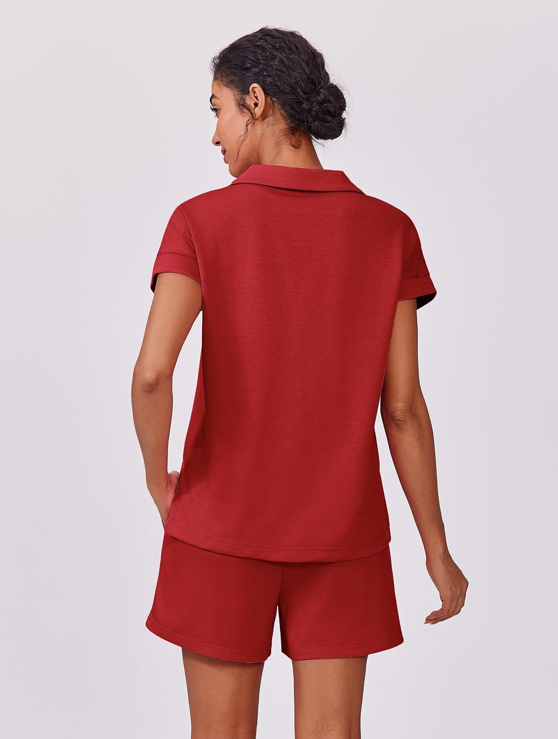 image:imagePINSPARK 2 Piece Sets for Women Summer Lounge Sets Short Sleeve Sweatsuit Vneck Tops and Drawstring Shorts Outfits TracksuitRed
