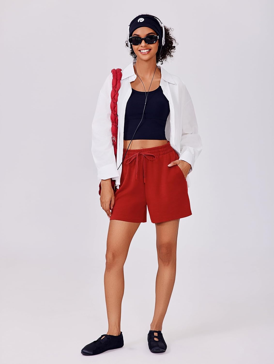 image:imagePINSPARK 2 Piece Sets for Women Summer Lounge Sets Short Sleeve Sweatsuit Vneck Tops and Drawstring Shorts Outfits TracksuitRed