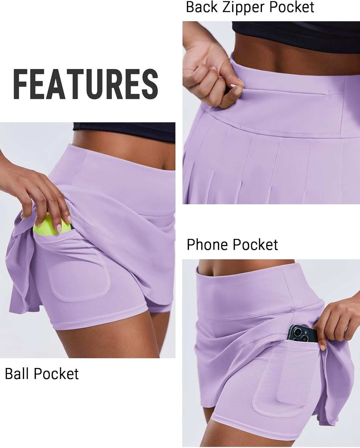 image:imagePINSPARK Pleated Tennis Skirts for Women with Short Pockets High Waisted Athletic Golf Skort Workout Pickleball Mini SkirtLilac