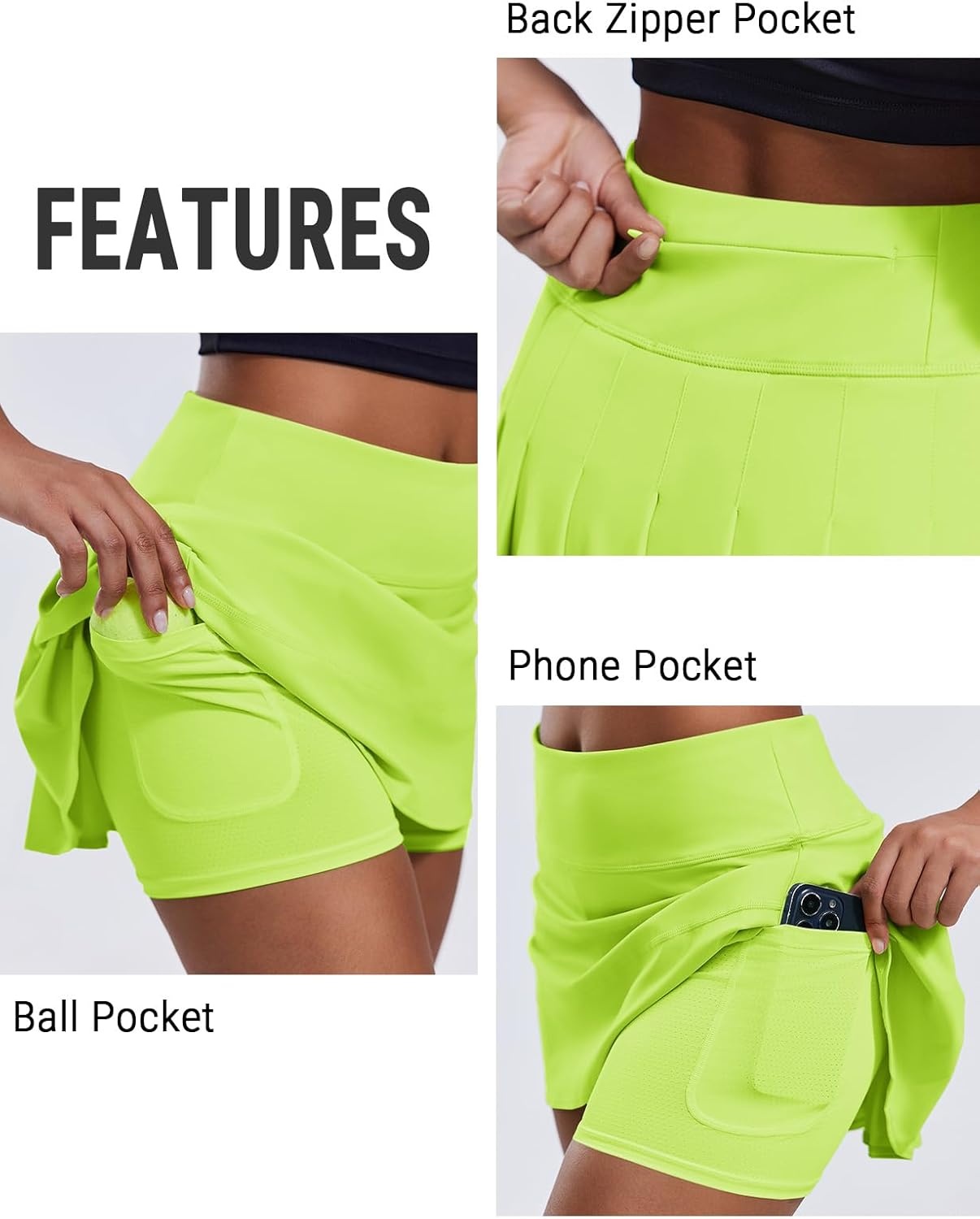 image:imagePINSPARK Pleated Tennis Skirts for Women with Short Pockets High Waisted Athletic Golf Skort Workout Pickleball Mini SkirtNeon Green