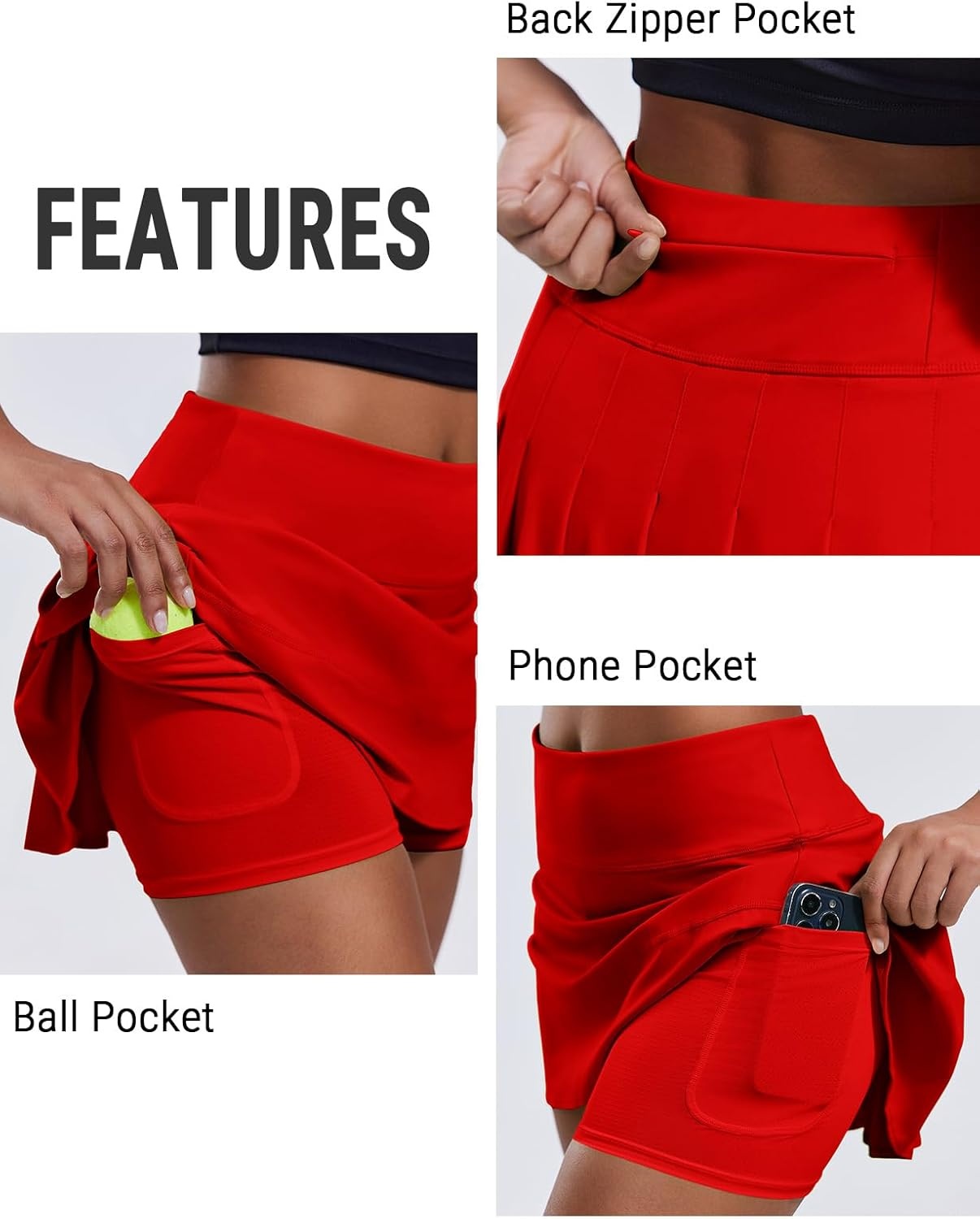 image:imagePINSPARK Pleated Tennis Skirts for Women with Short Pockets High Waisted Athletic Golf Skort Workout Pickleball Mini SkirtRed