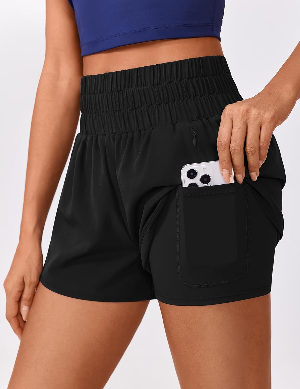 image:imagePINSPARK Running Shorts for Women Quick Dry High Waisted Athletic Short 2 in 1 Workout Gym Shorts with Zipper PocketsBlack