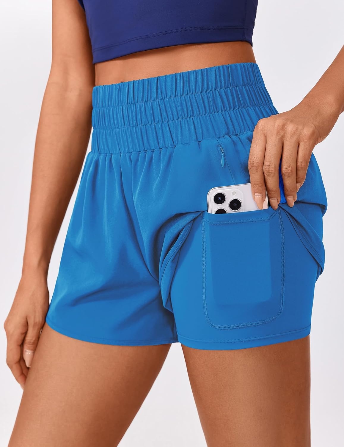 image:imagePINSPARK Running Shorts for Women Quick Dry High Waisted Athletic Short 2 in 1 Workout Gym Shorts with Zipper PocketsBlue
