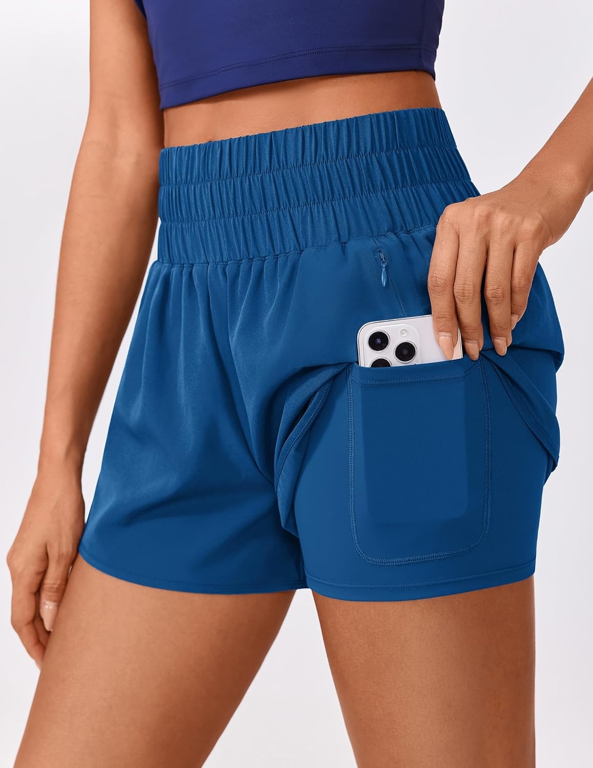 image:imagePINSPARK Running Shorts for Women Quick Dry High Waisted Athletic Short 2 in 1 Workout Gym Shorts with Zipper PocketsDark Blue