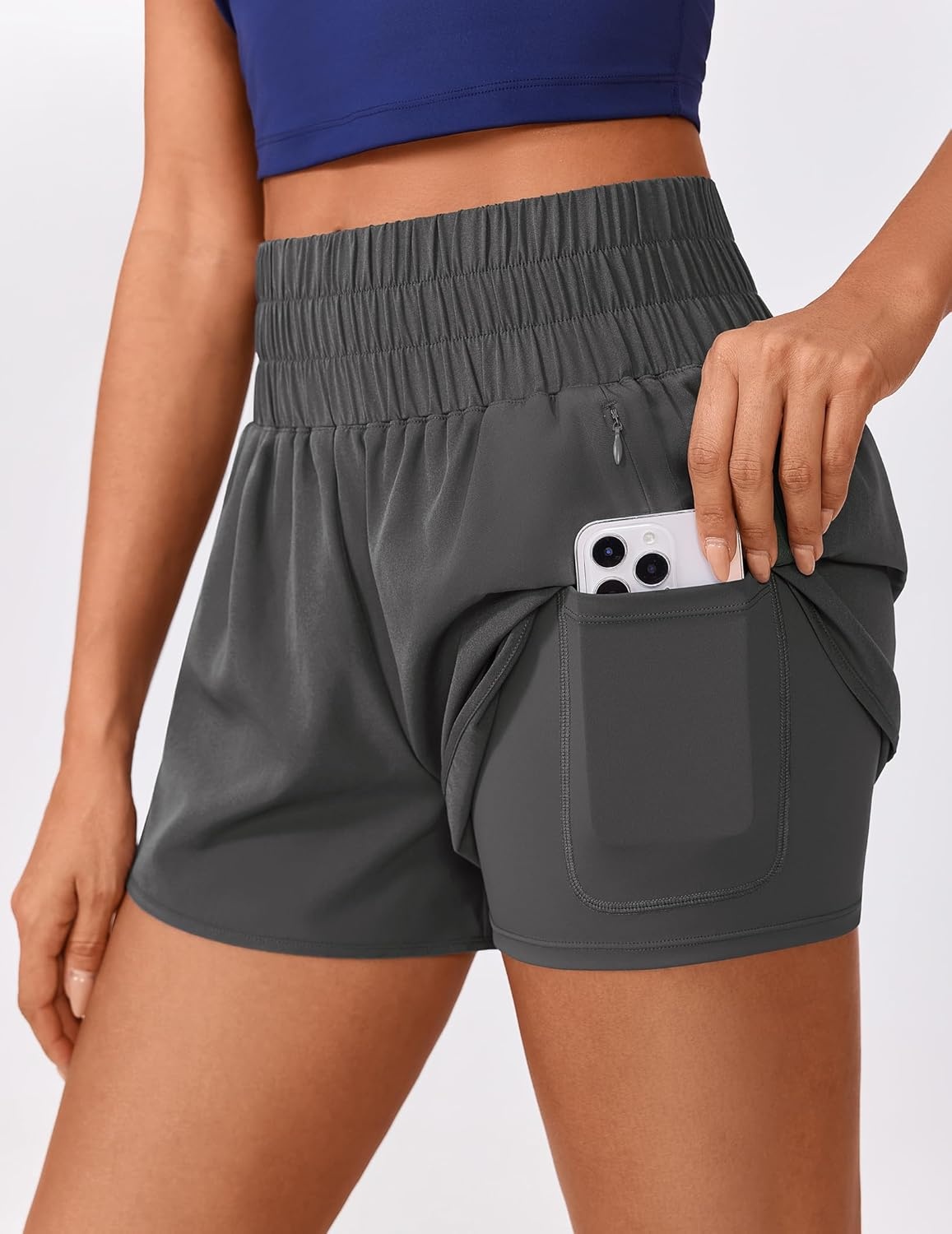 image:imagePINSPARK Running Shorts for Women Quick Dry High Waisted Athletic Short 2 in 1 Workout Gym Shorts with Zipper PocketsDark Grey
