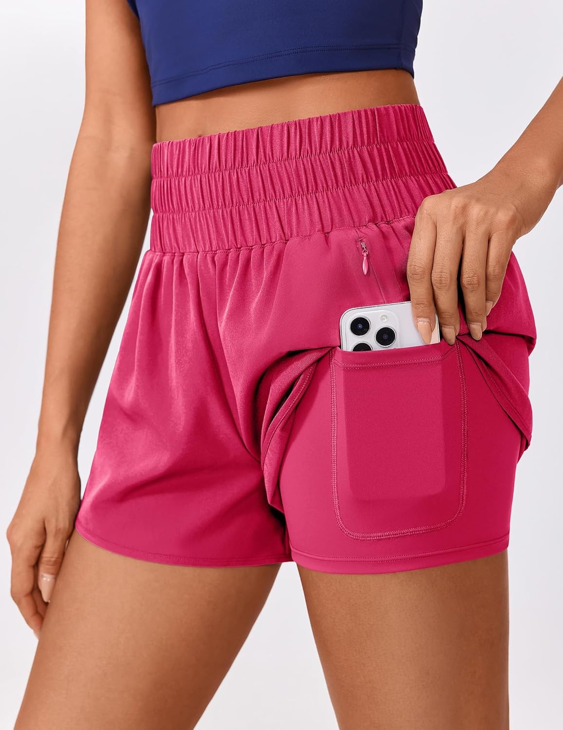 image:imagePINSPARK Running Shorts for Women Quick Dry High Waisted Athletic Short 2 in 1 Workout Gym Shorts with Zipper PocketsHot Pink