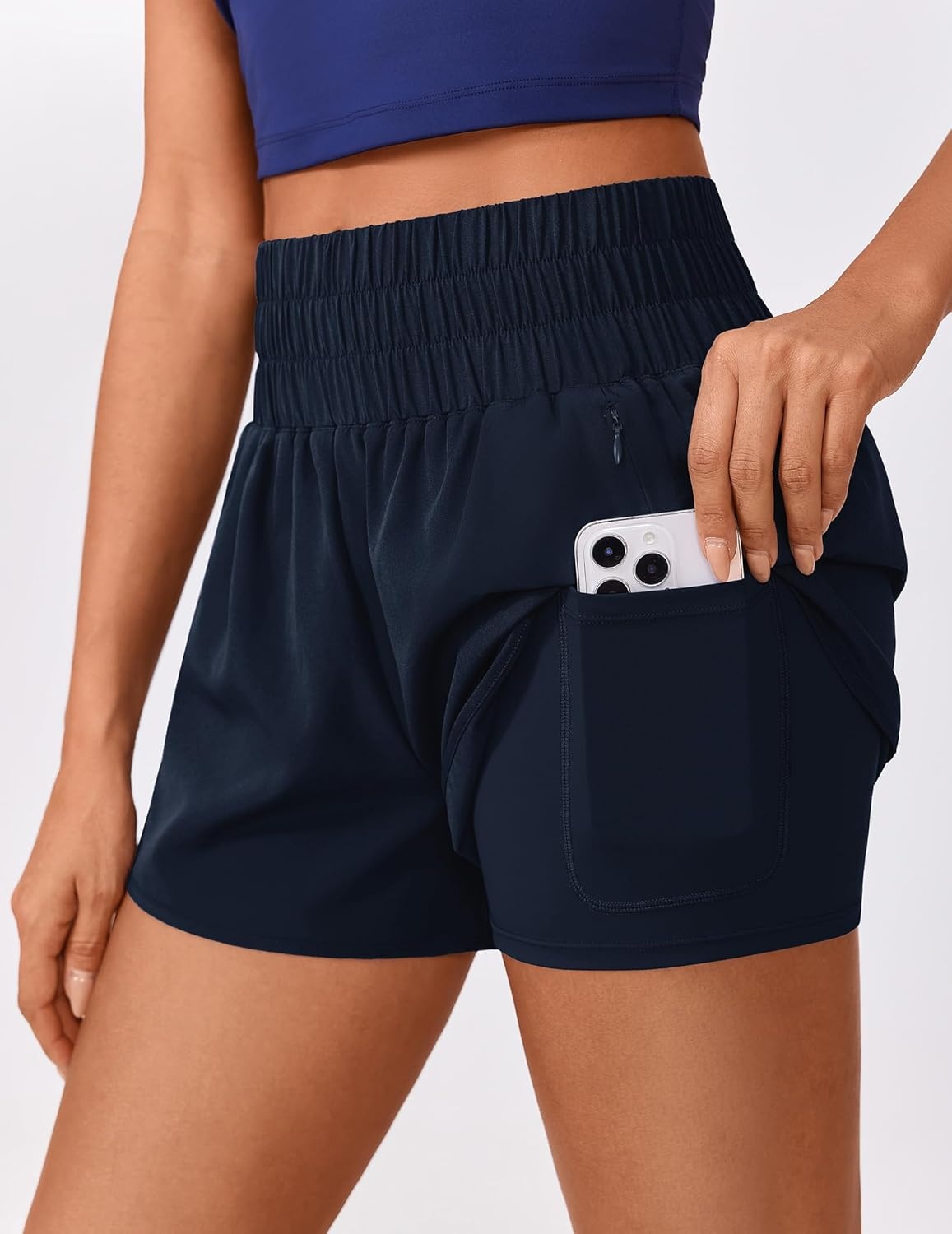 image:imagePINSPARK Running Shorts for Women Quick Dry High Waisted Athletic Short 2 in 1 Workout Gym Shorts with Zipper PocketsMidnight Blue