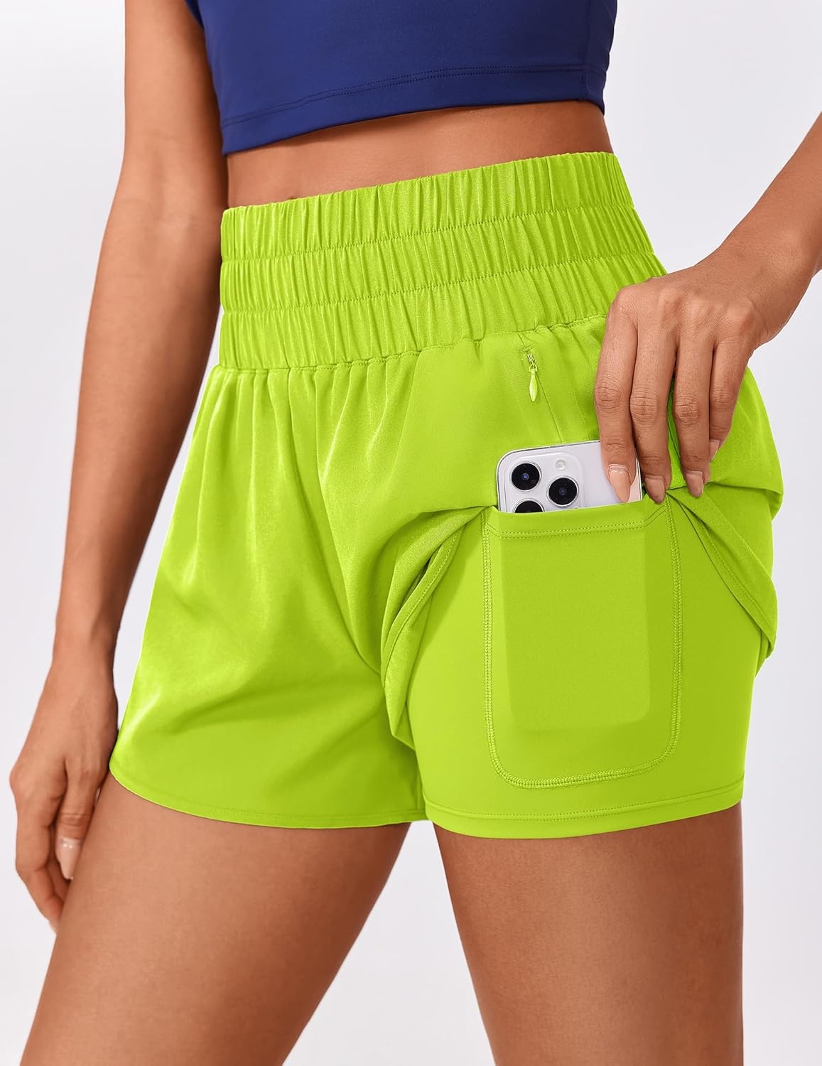 image:imagePINSPARK Running Shorts for Women Quick Dry High Waisted Athletic Short 2 in 1 Workout Gym Shorts with Zipper PocketsNeon Green