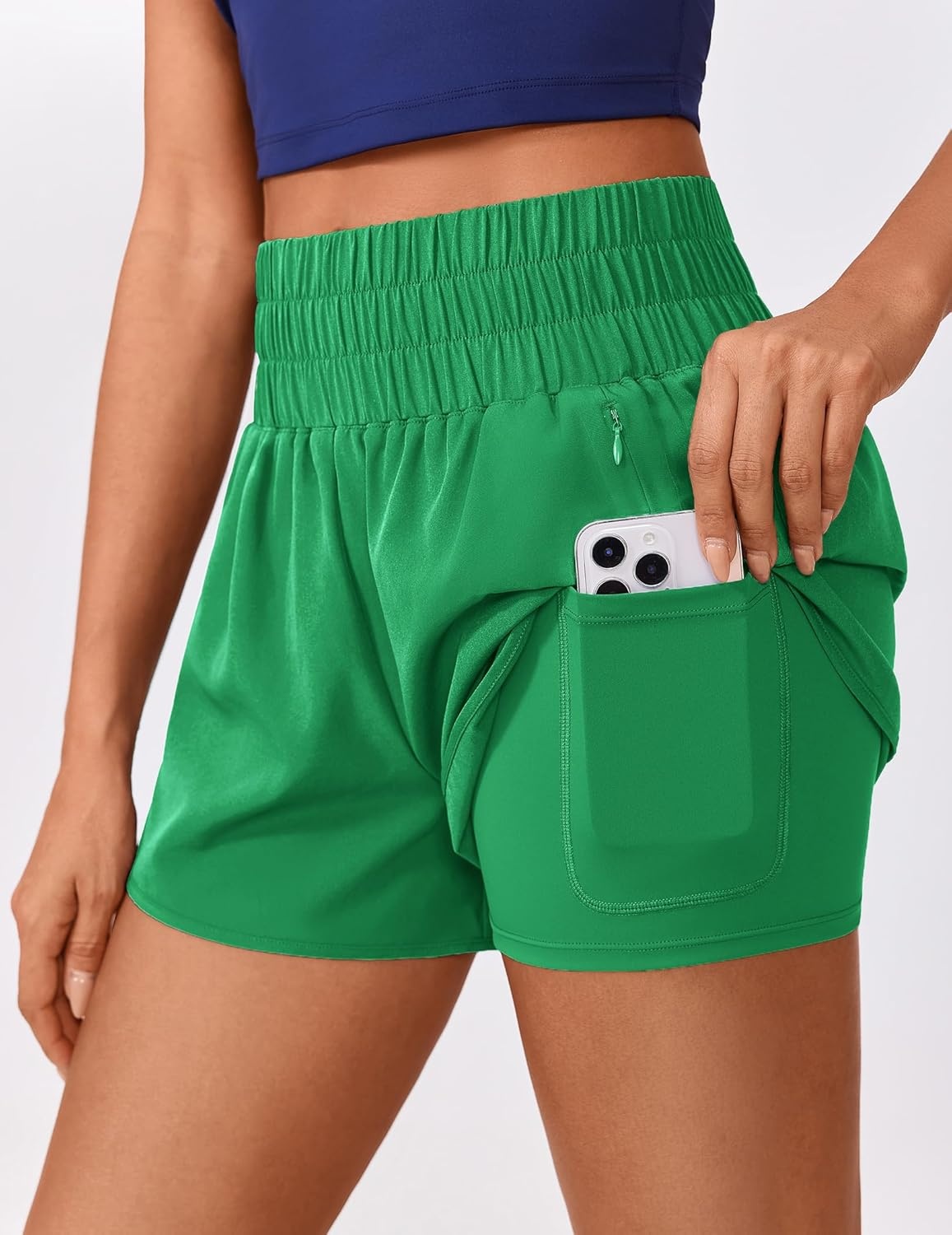 image:imagePINSPARK Running Shorts for Women Quick Dry High Waisted Athletic Short 2 in 1 Workout Gym Shorts with Zipper PocketsOasis Green