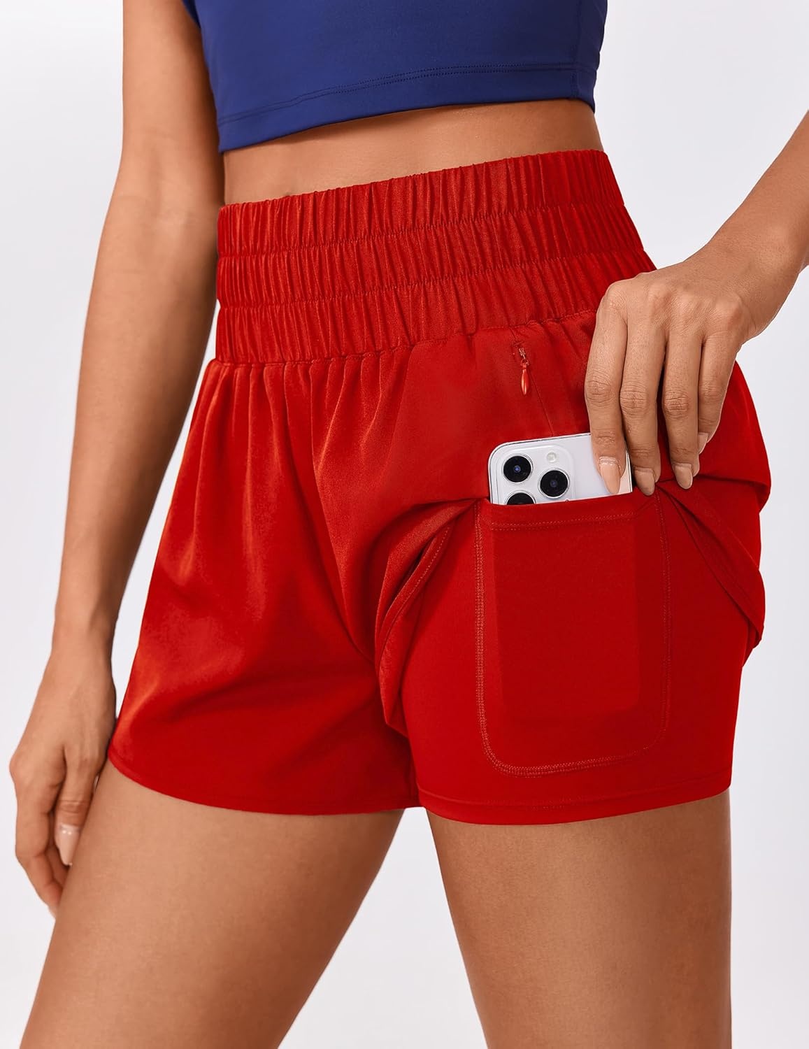 image:imagePINSPARK Running Shorts for Women Quick Dry High Waisted Athletic Short 2 in 1 Workout Gym Shorts with Zipper PocketsRed