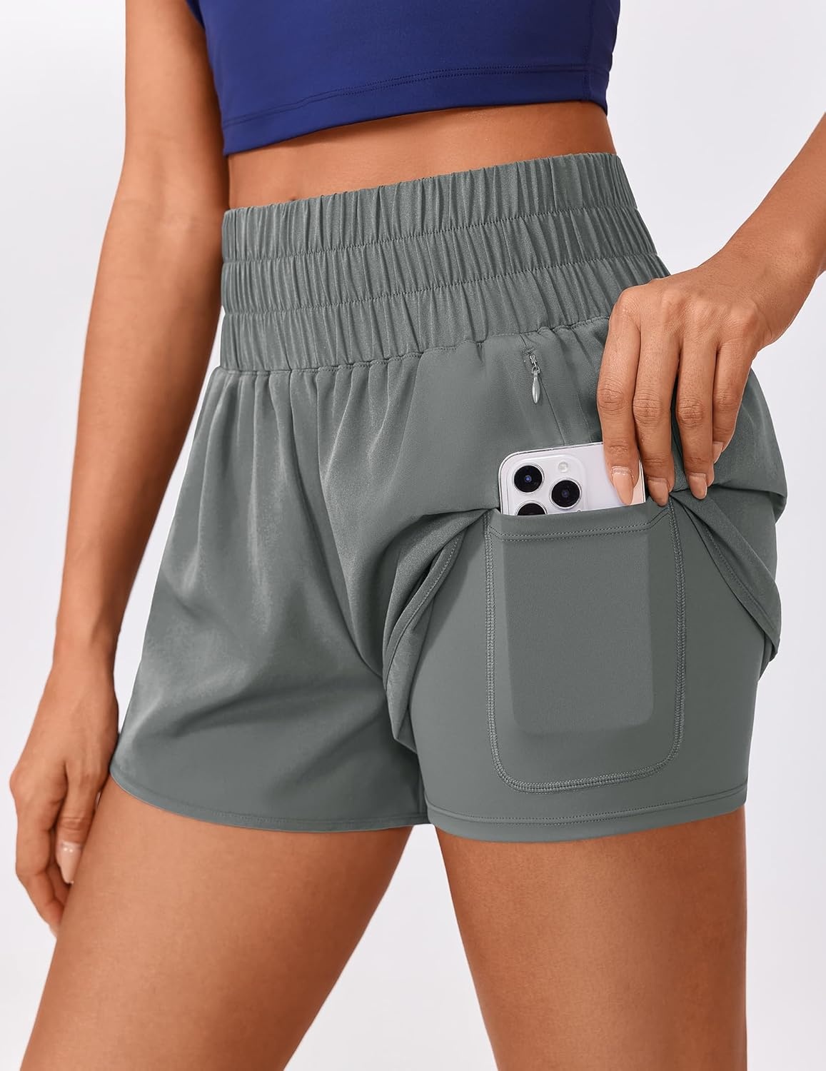 image:imagePINSPARK Running Shorts for Women Quick Dry High Waisted Athletic Short 2 in 1 Workout Gym Shorts with Zipper PocketsSage Grey