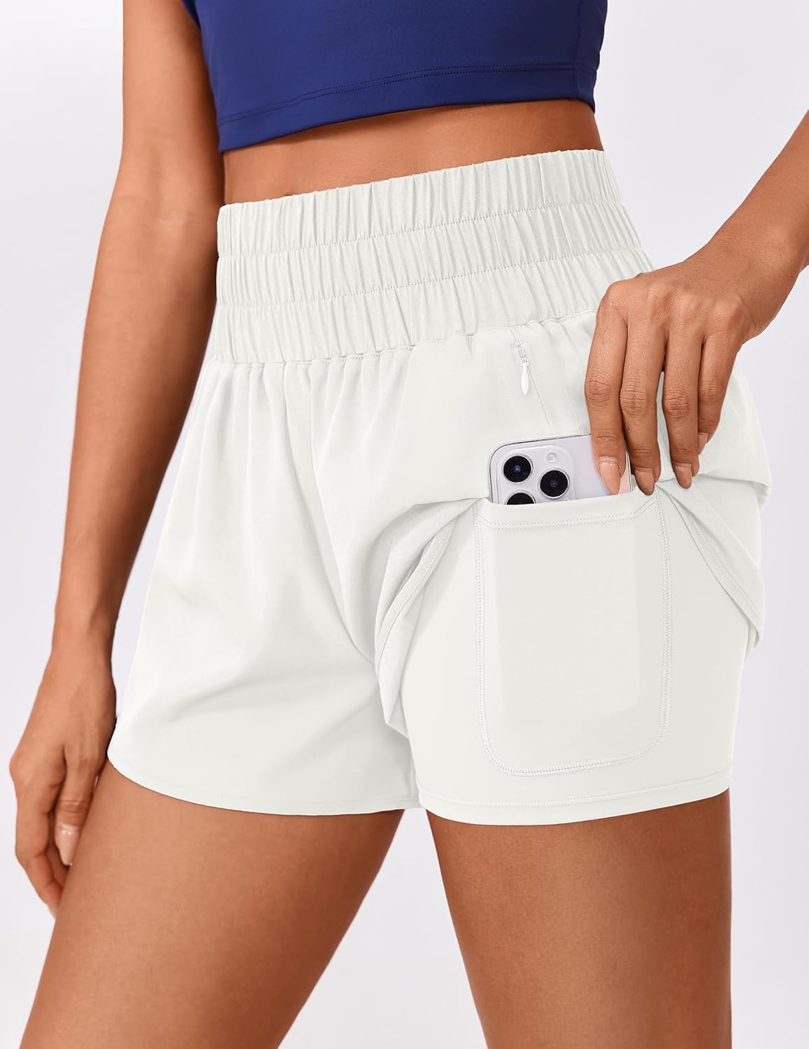 image:imagePINSPARK Running Shorts for Women Quick Dry High Waisted Athletic Short 2 in 1 Workout Gym Shorts with Zipper PocketsWhite