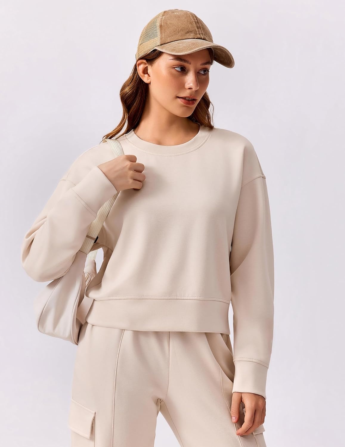 image:imagePINSPARK Soft Crewneck Cropped Sweatshirt for Women Long Sleeve Relaxed Lightweight Basic Crop Tops 2025Apricot