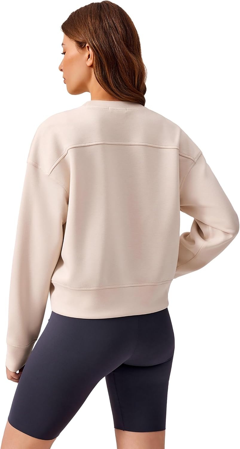 image:imagePINSPARK Soft Crewneck Cropped Sweatshirt for Women Long Sleeve Relaxed Lightweight Basic Crop Tops 2025Apricot