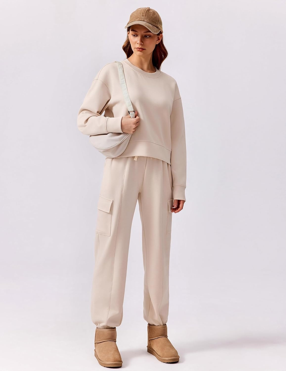 image:imagePINSPARK Soft Crewneck Cropped Sweatshirt for Women Long Sleeve Relaxed Lightweight Basic Crop Tops 2025Apricot