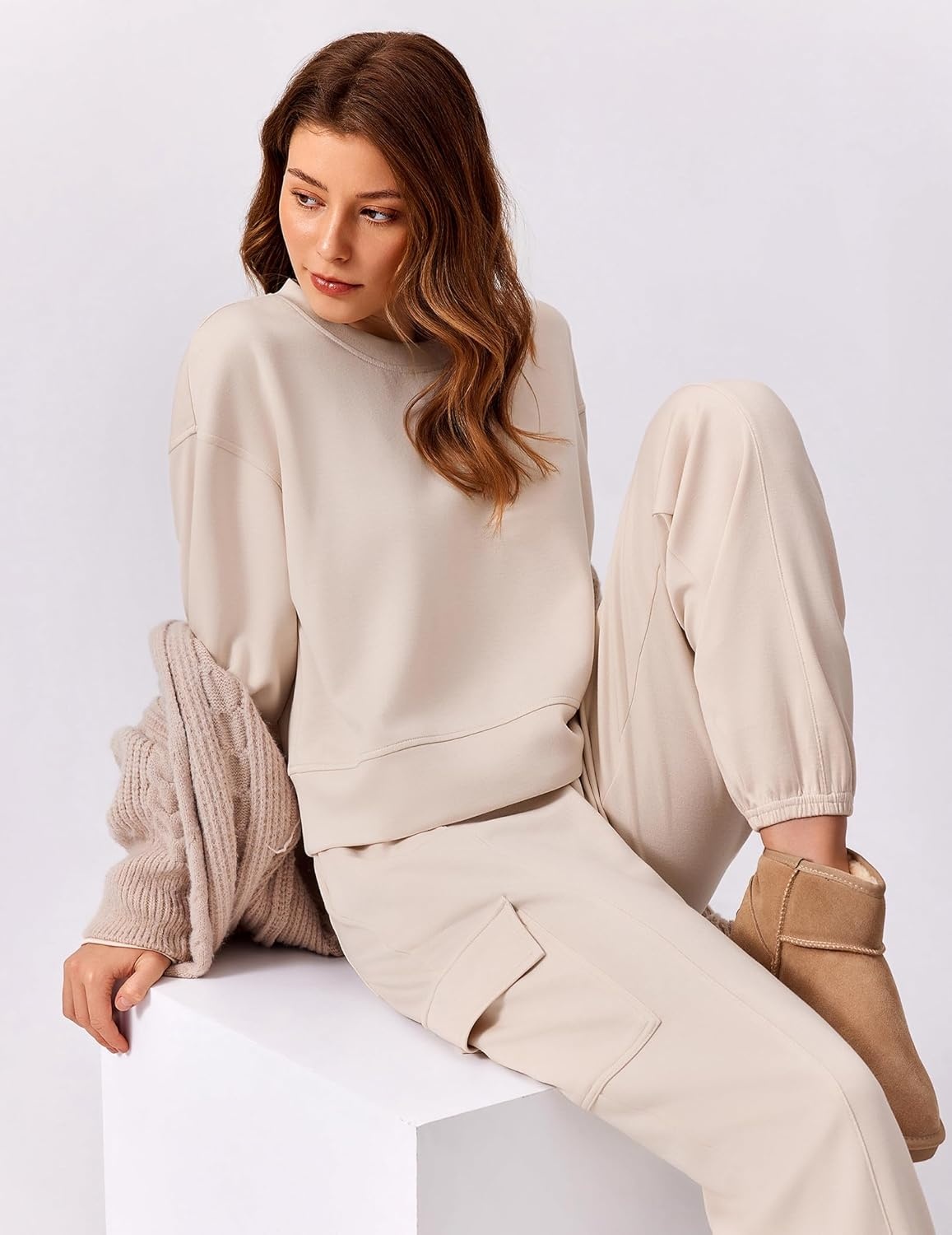 image:imagePINSPARK Soft Crewneck Cropped Sweatshirt for Women Long Sleeve Relaxed Lightweight Basic Crop Tops 2025Apricot