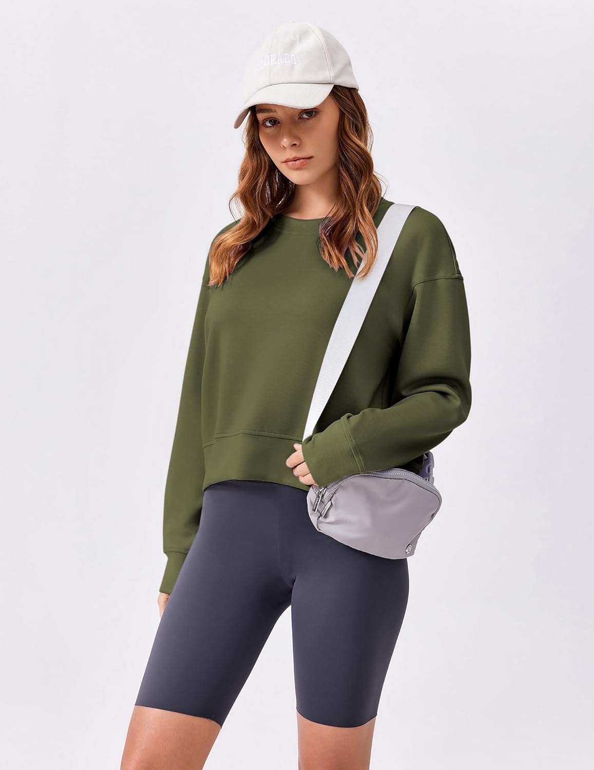 image:imagePINSPARK Soft Crewneck Cropped Sweatshirt for Women Long Sleeve Relaxed Lightweight Basic Crop Tops 2025Army Green
