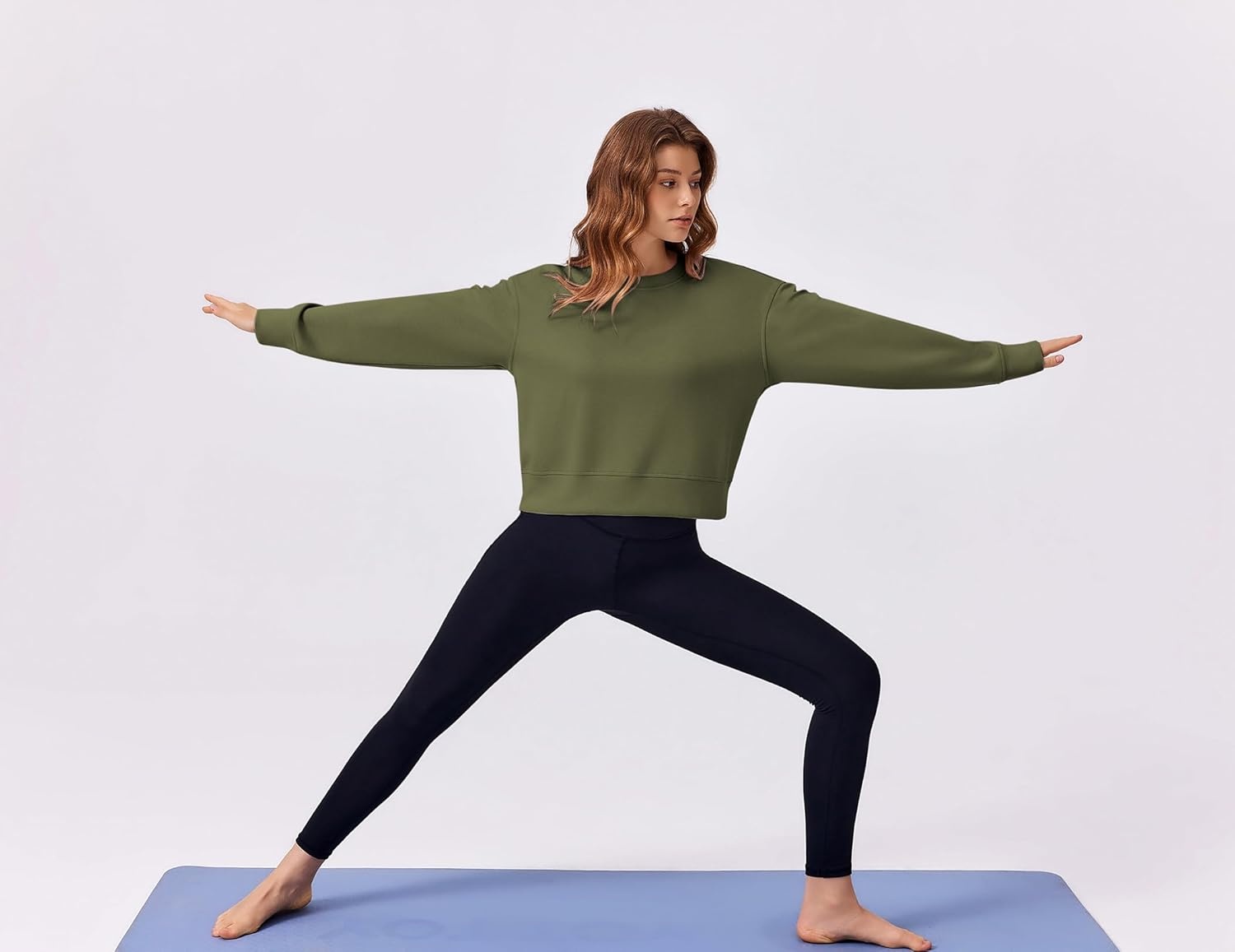 image:imagePINSPARK Soft Crewneck Cropped Sweatshirt for Women Long Sleeve Relaxed Lightweight Basic Crop Tops 2025Army Green