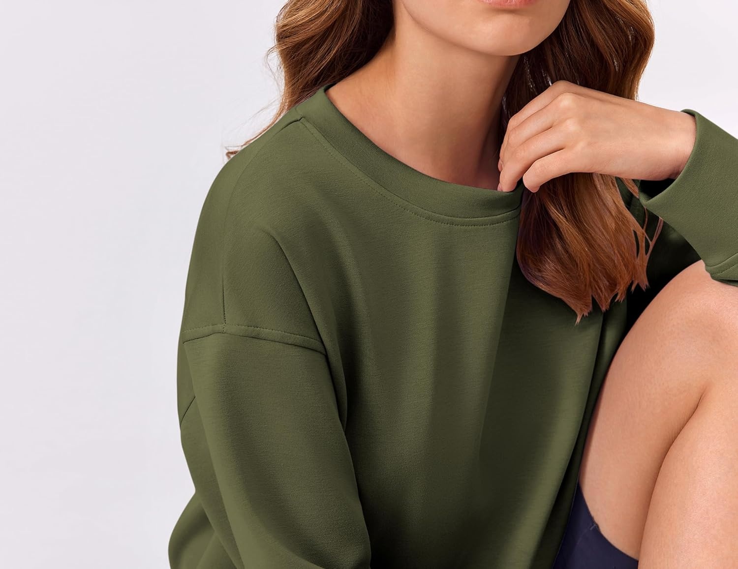 image:imagePINSPARK Soft Crewneck Cropped Sweatshirt for Women Long Sleeve Relaxed Lightweight Basic Crop Tops 2025Army Green