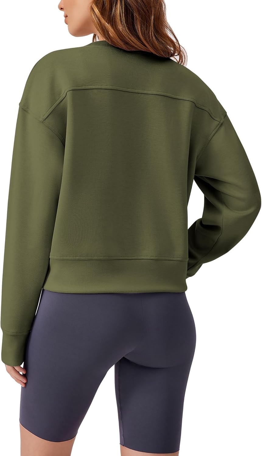 image:imagePINSPARK Soft Crewneck Cropped Sweatshirt for Women Long Sleeve Relaxed Lightweight Basic Crop Tops 2025Army Green
