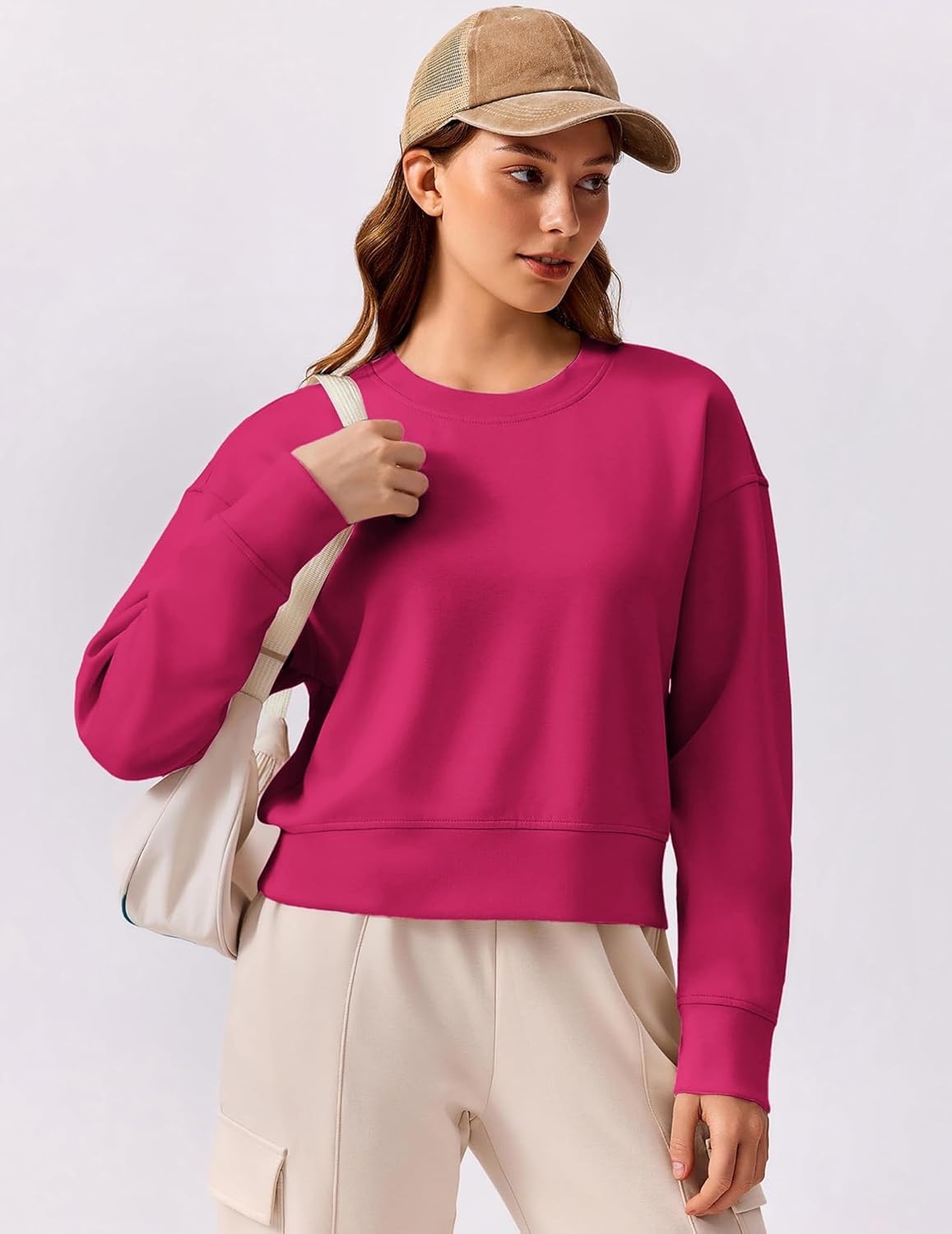 image:imagePINSPARK Soft Crewneck Cropped Sweatshirt for Women Long Sleeve Relaxed Lightweight Basic Crop Tops 2025Hot Pink