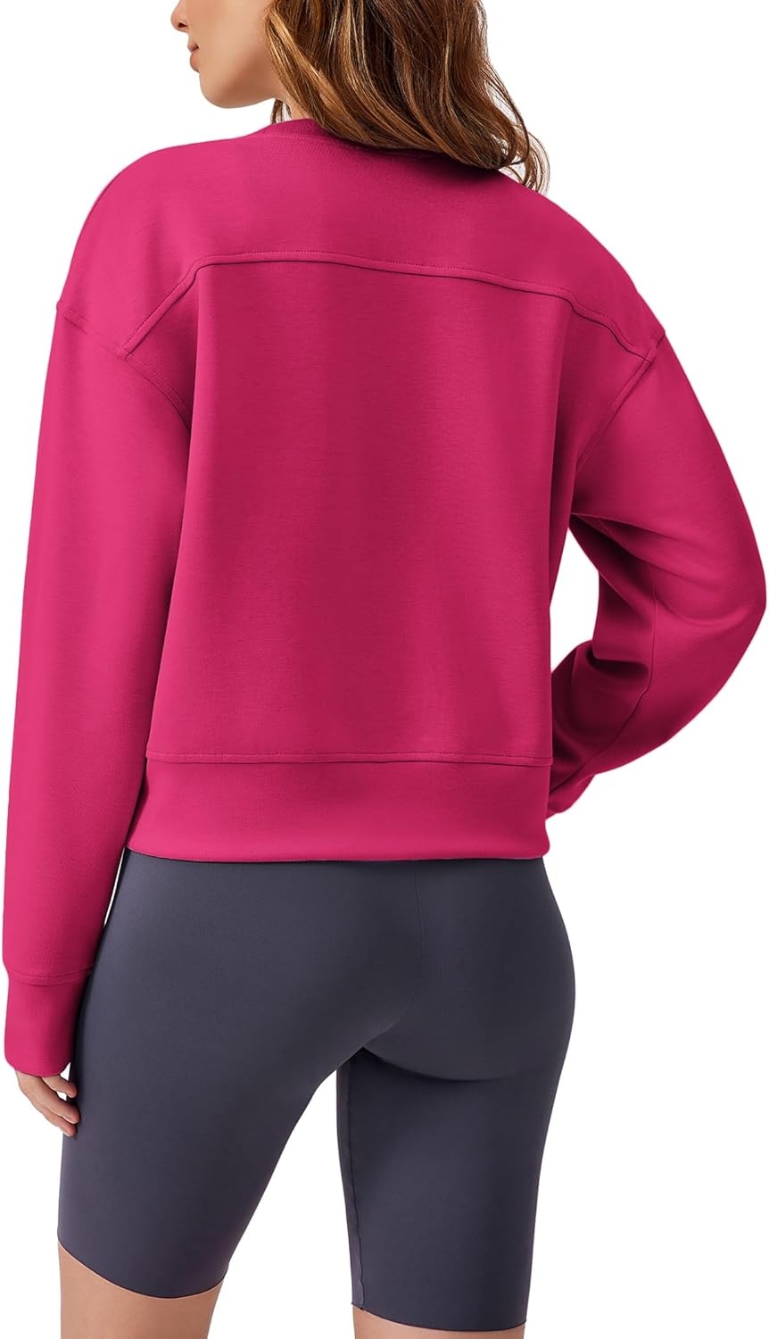 image:imagePINSPARK Soft Crewneck Cropped Sweatshirt for Women Long Sleeve Relaxed Lightweight Basic Crop Tops 2025Hot Pink