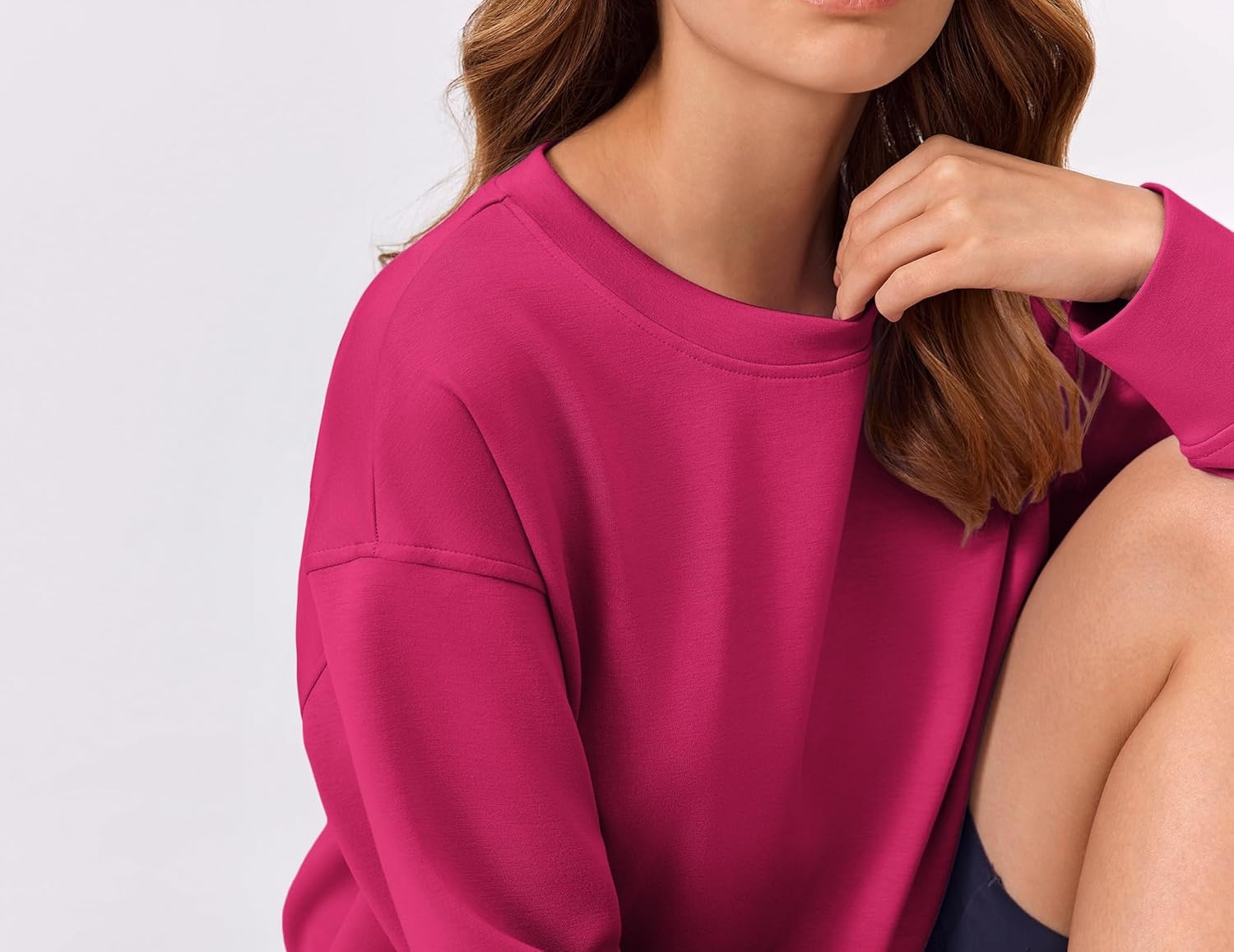 image:imagePINSPARK Soft Crewneck Cropped Sweatshirt for Women Long Sleeve Relaxed Lightweight Basic Crop Tops 2025Hot Pink