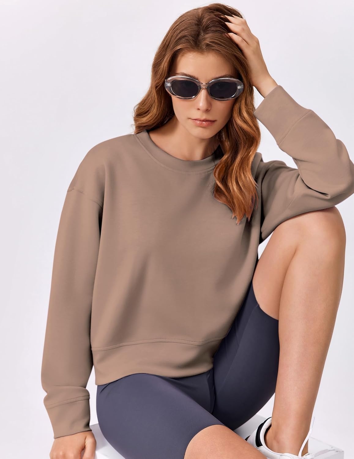 image:imagePINSPARK Soft Crewneck Cropped Sweatshirt for Women Long Sleeve Relaxed Lightweight Basic Crop Tops 2025Taupetastic