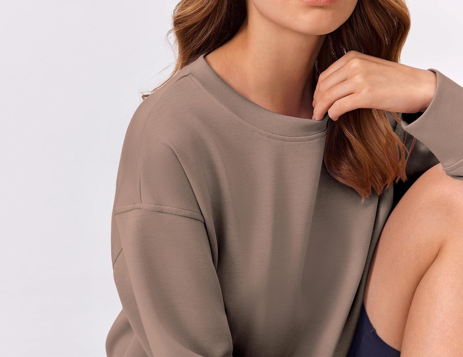 image:imagePINSPARK Soft Crewneck Cropped Sweatshirt for Women Long Sleeve Relaxed Lightweight Basic Crop Tops 2025Taupetastic