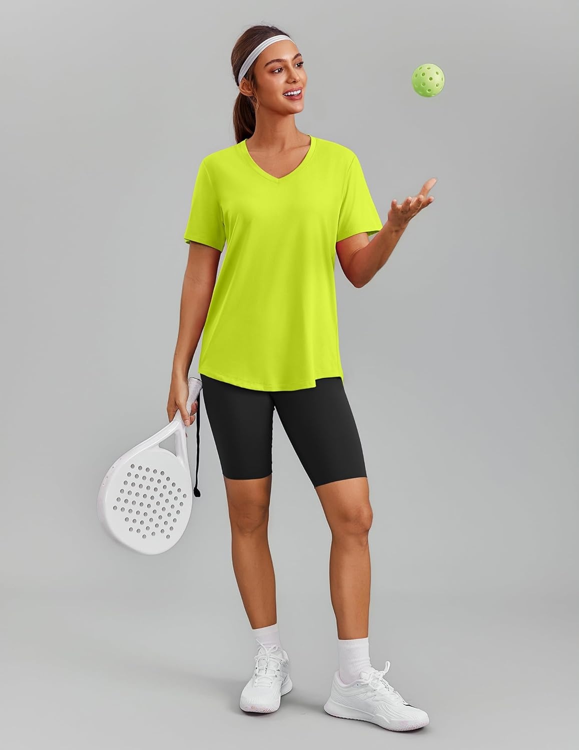 image:imagePINSPARK Soft Workout Tops for Women Short Sleeve V Neck Moisture Wicking UPF 50 Sun Protection Quick Dry Gym Shirts03 Neon Green