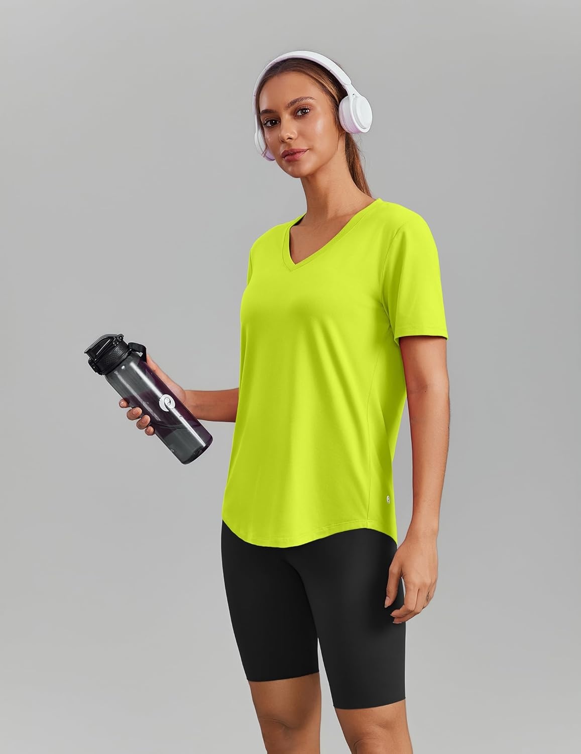 image:imagePINSPARK Soft Workout Tops for Women Short Sleeve V Neck Moisture Wicking UPF 50 Sun Protection Quick Dry Gym Shirts03 Neon Green