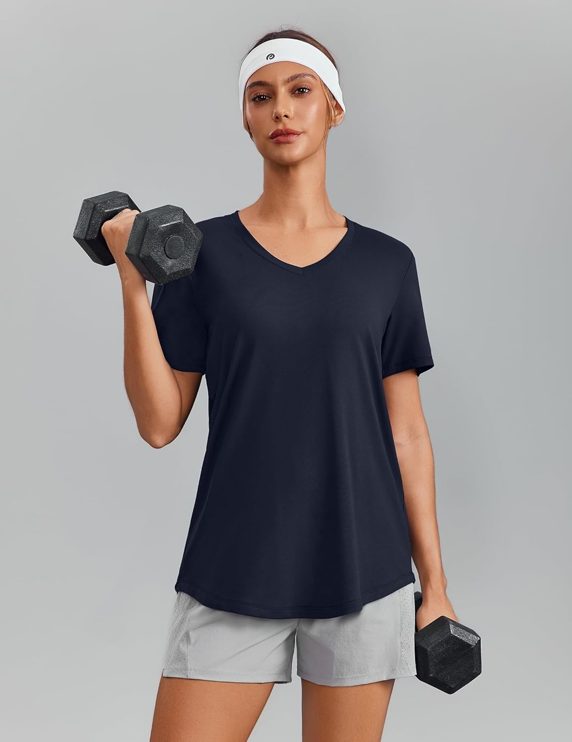 image:imagePINSPARK Soft Workout Tops for Women Short Sleeve V Neck Moisture Wicking UPF 50 Sun Protection Quick Dry Gym Shirts05 Dark Navy