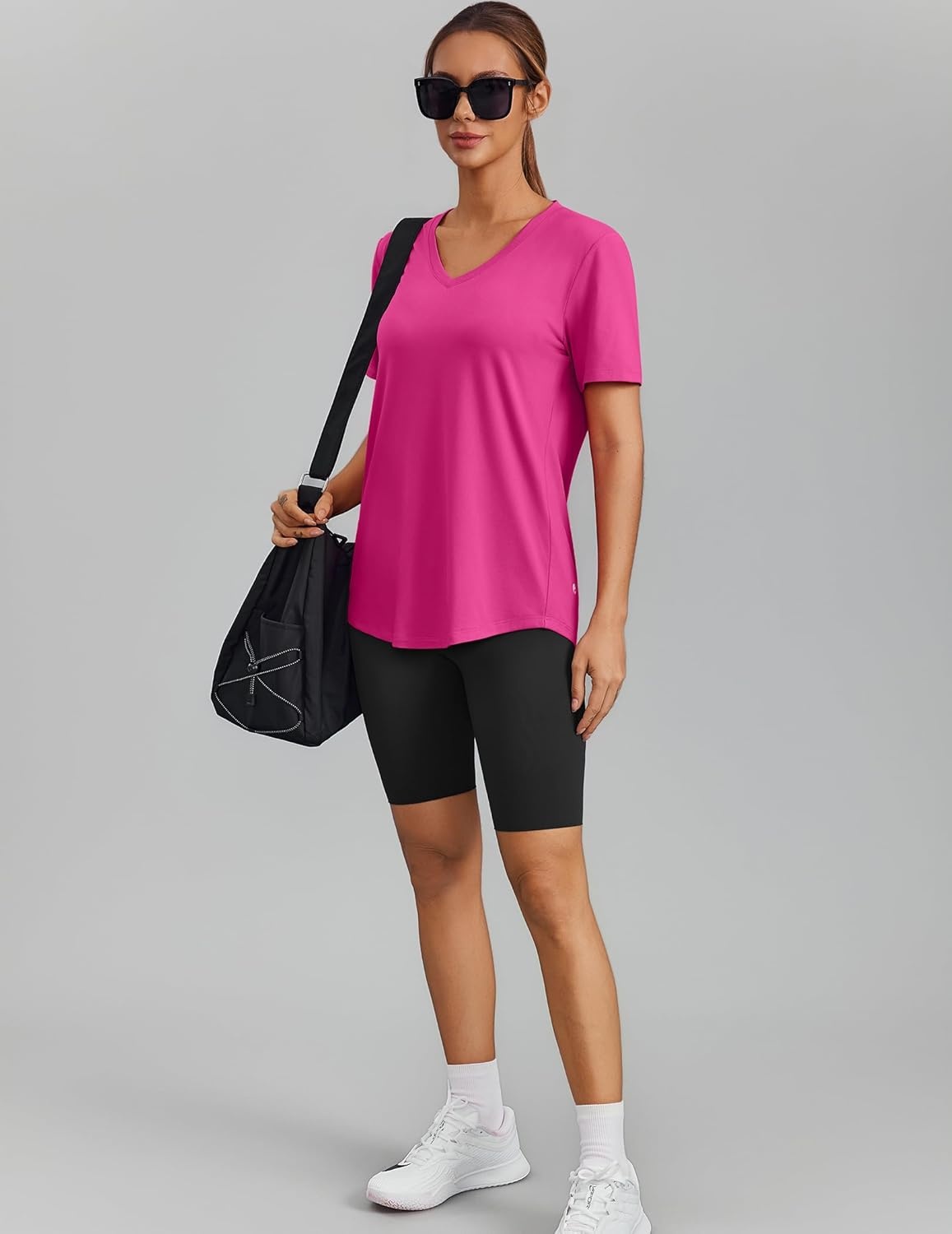 image:imagePINSPARK Soft Workout Tops for Women Short Sleeve V Neck Moisture Wicking UPF 50 Sun Protection Quick Dry Gym Shirts07 Hot Pink