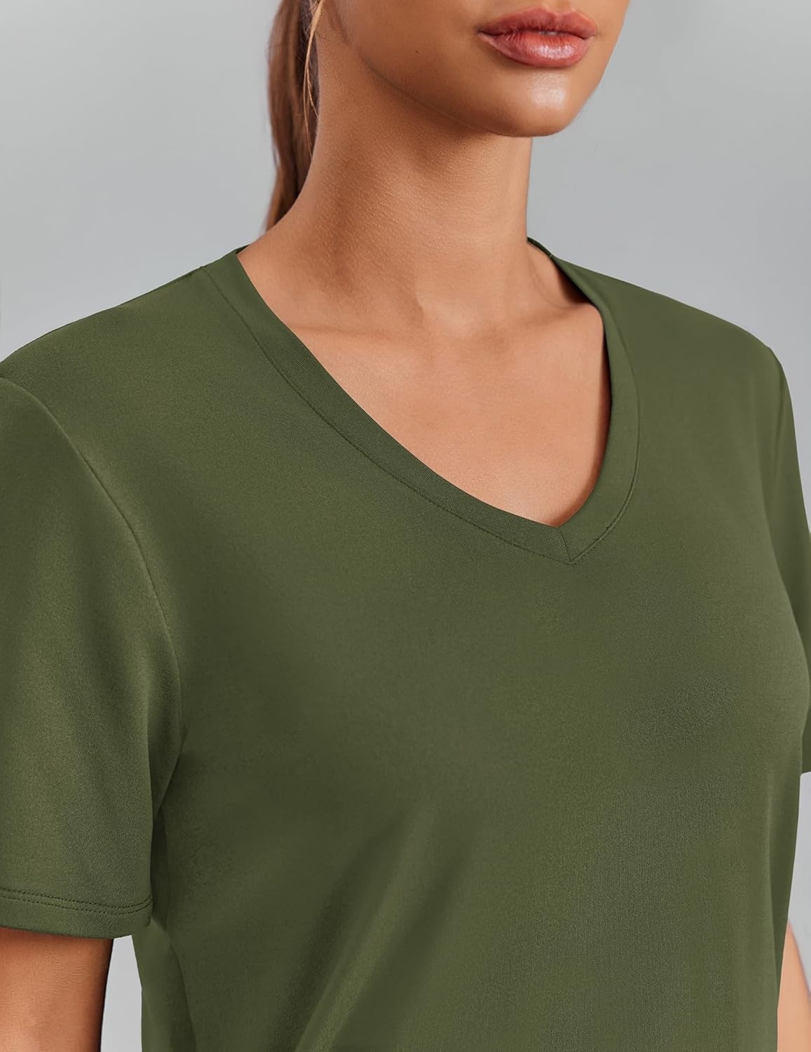 image:imagePINSPARK Soft Workout Tops for Women Short Sleeve V Neck Moisture Wicking UPF 50 Sun Protection Quick Dry Gym ShirtsArmy Green