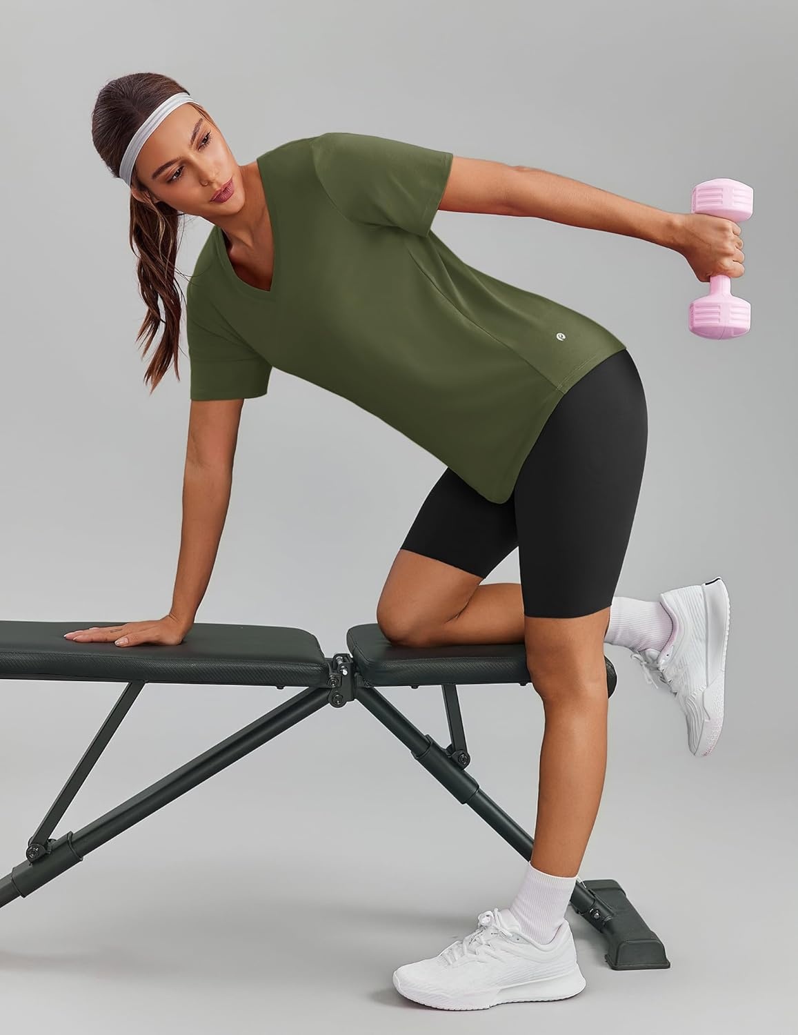 image:imagePINSPARK Soft Workout Tops for Women Short Sleeve V Neck Moisture Wicking UPF 50 Sun Protection Quick Dry Gym ShirtsArmy Green
