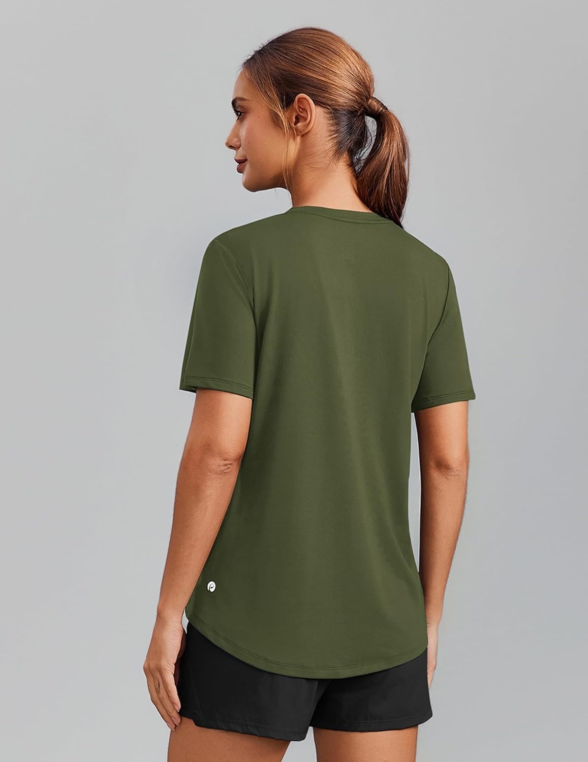 image:imagePINSPARK Soft Workout Tops for Women Short Sleeve V Neck Moisture Wicking UPF 50 Sun Protection Quick Dry Gym ShirtsArmy Green
