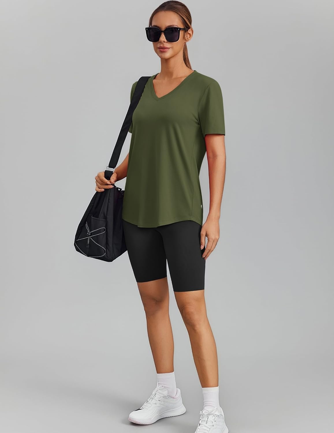 image:imagePINSPARK Soft Workout Tops for Women Short Sleeve V Neck Moisture Wicking UPF 50 Sun Protection Quick Dry Gym ShirtsArmy Green