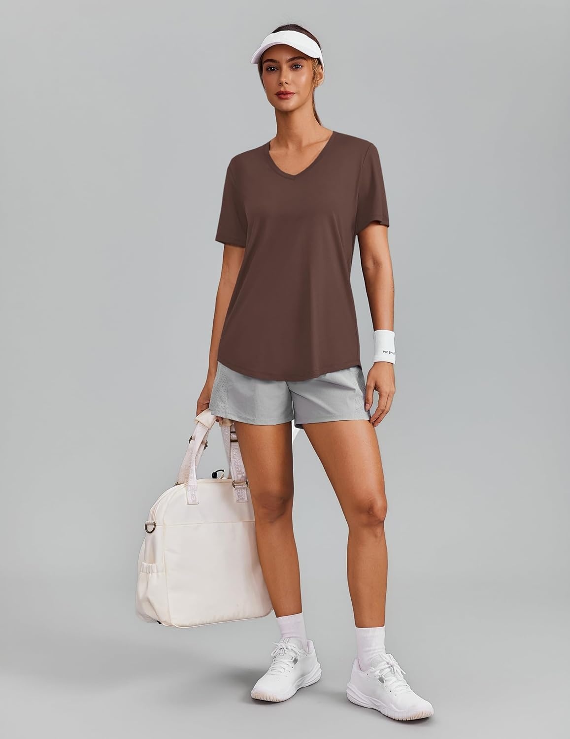 image:imagePINSPARK Soft Workout Tops for Women Short Sleeve V Neck Moisture Wicking UPF 50 Sun Protection Quick Dry Gym ShirtsBrown
